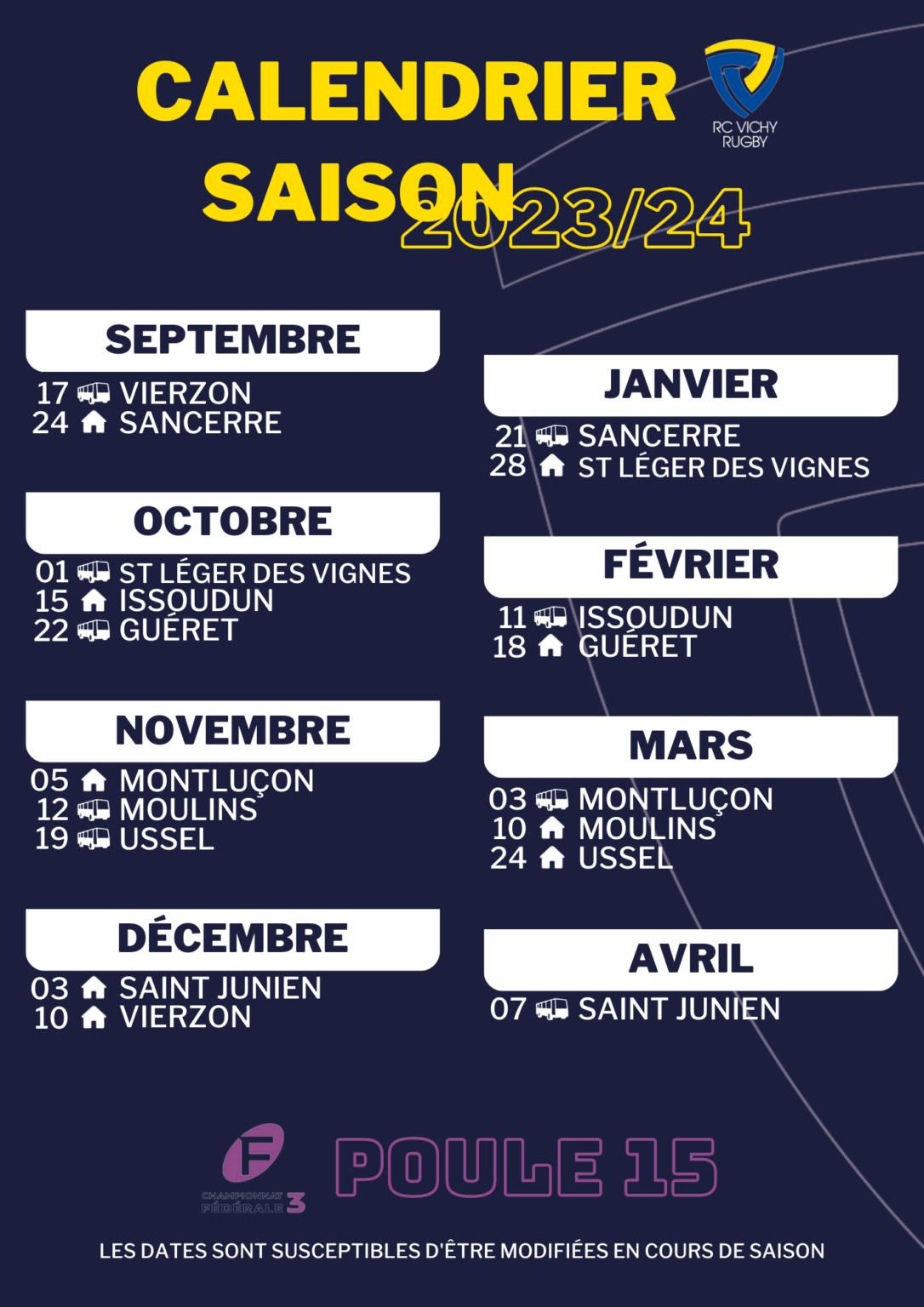 Calendrier Saison 2023-2024 - Racing Club Vichy Rugby - RCV
